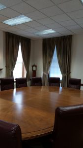 Pinch pleated draperies in The National Iron and Steel Museum board room