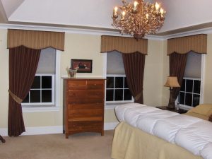 Master bedroom shaped cornices and draperies